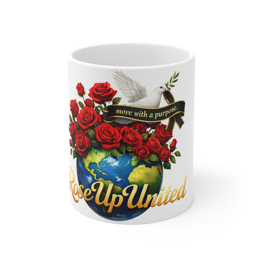Rose Up United 11oz Mug — Dove, Globe & Red Roses Inspirational Coffee Cup
