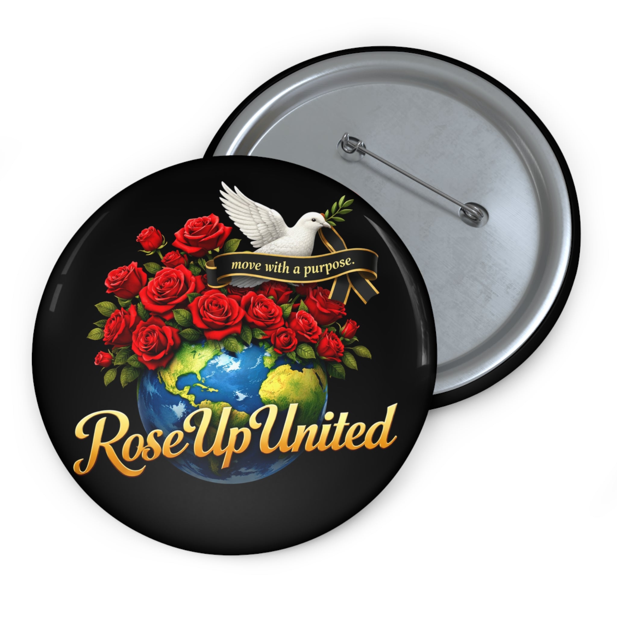RoseUp United Pin Button — Dove, Roses & Globe Enamel Button ("move with a purpose")