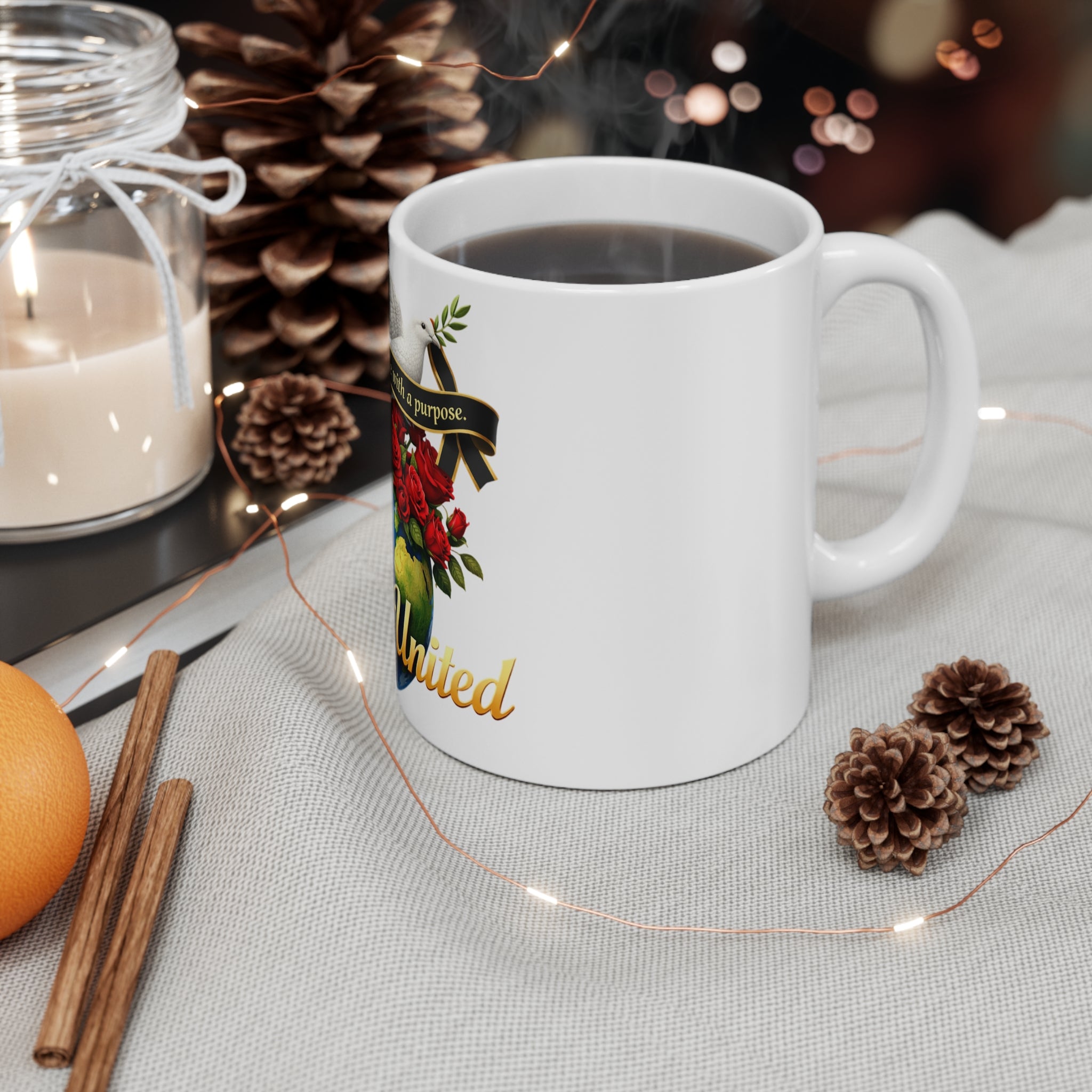 Rose Up United 11oz Mug — Dove, Globe & Red Roses Inspirational Coffee Cup