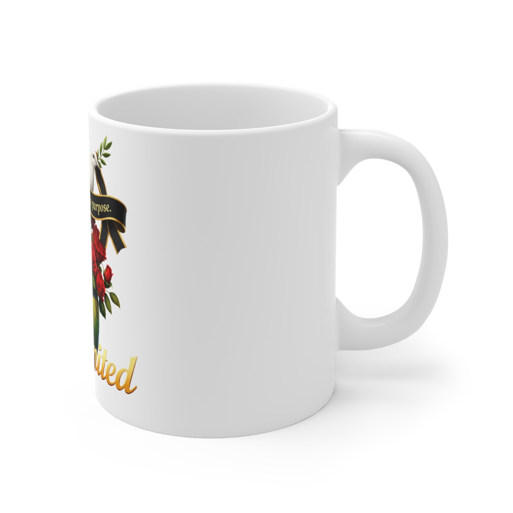 Rose Up United 11oz Mug — Dove, Globe & Red Roses Inspirational Coffee Cup